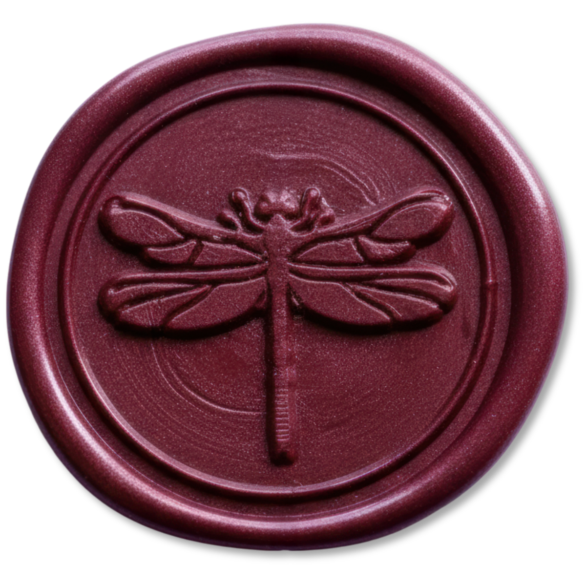 A round burgundy wax seal featuring an embossed dragonfly design in the center, shown on a plain white background.