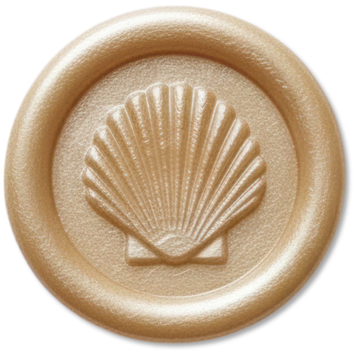 A circular gold wax seal featuring an embossed scallop shell motif in the center, isolated on a white background.