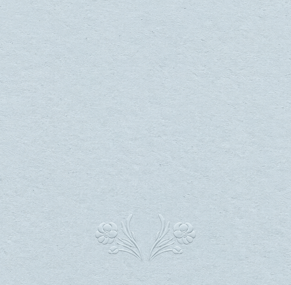 A close-up of a pale icy blue textured paper material with a subtle embossed floral motif near the bottom center.
