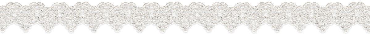 A close-up horizontal strip of white floral lace trim with an intricate repeating pattern on a light gray background.