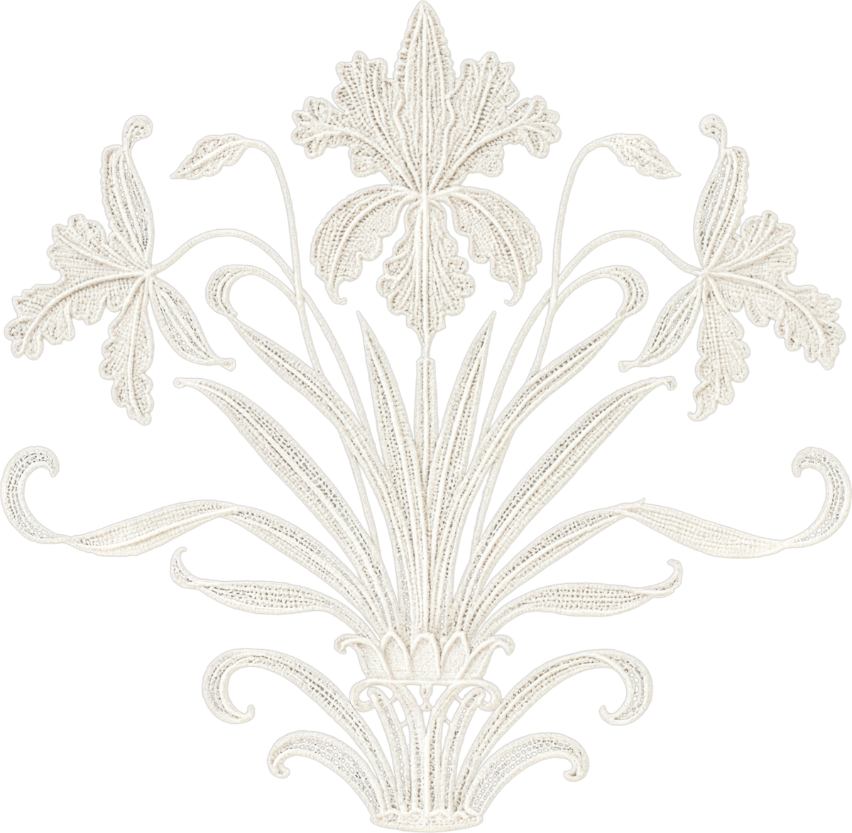 An intricate off-white floral embroidery design featuring a central lily-like flower with three side blossoms and long, sweeping leaves, shown on a plain white background.