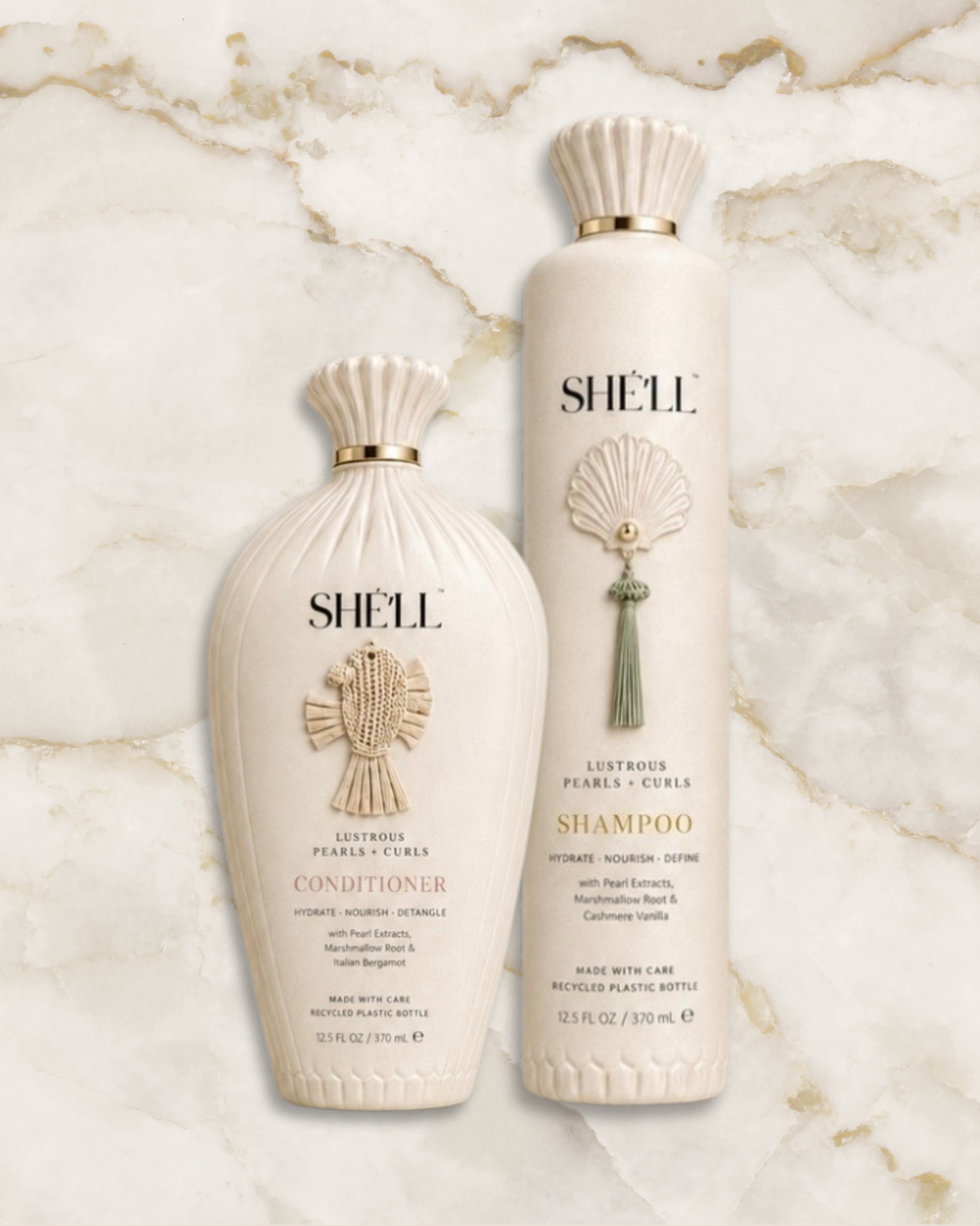 Two SHELL haircare bottles, Conditioner and Shampoo, in a cream-colored ribbed plastic design with gold accents, set against a white marble background.