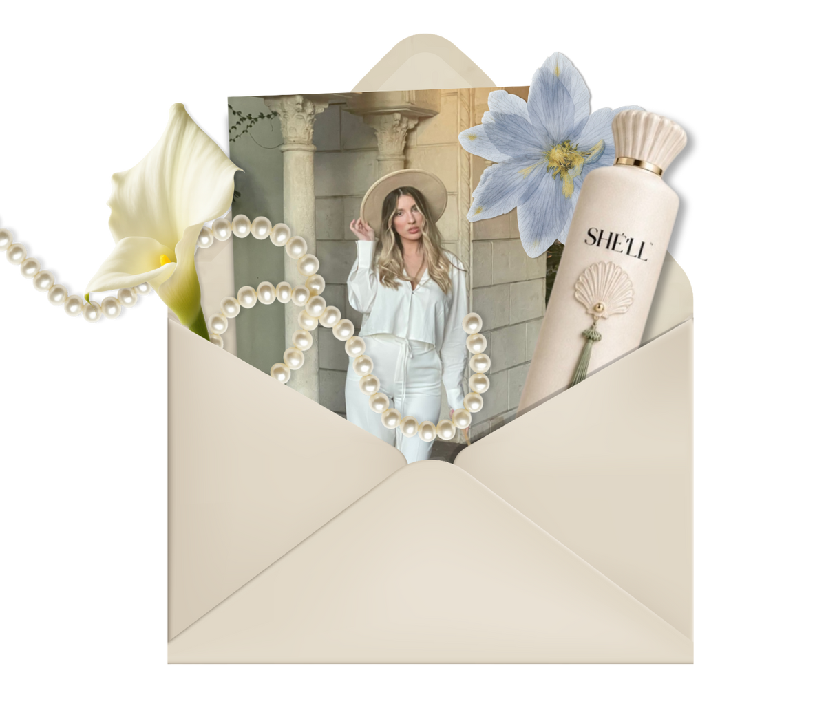 A cream-colored envelope on a white background containing a printed card with a woman in white clothing, a pearl strand, a white calla lily flower, and a beige cosmetic tube labeled SHELL.