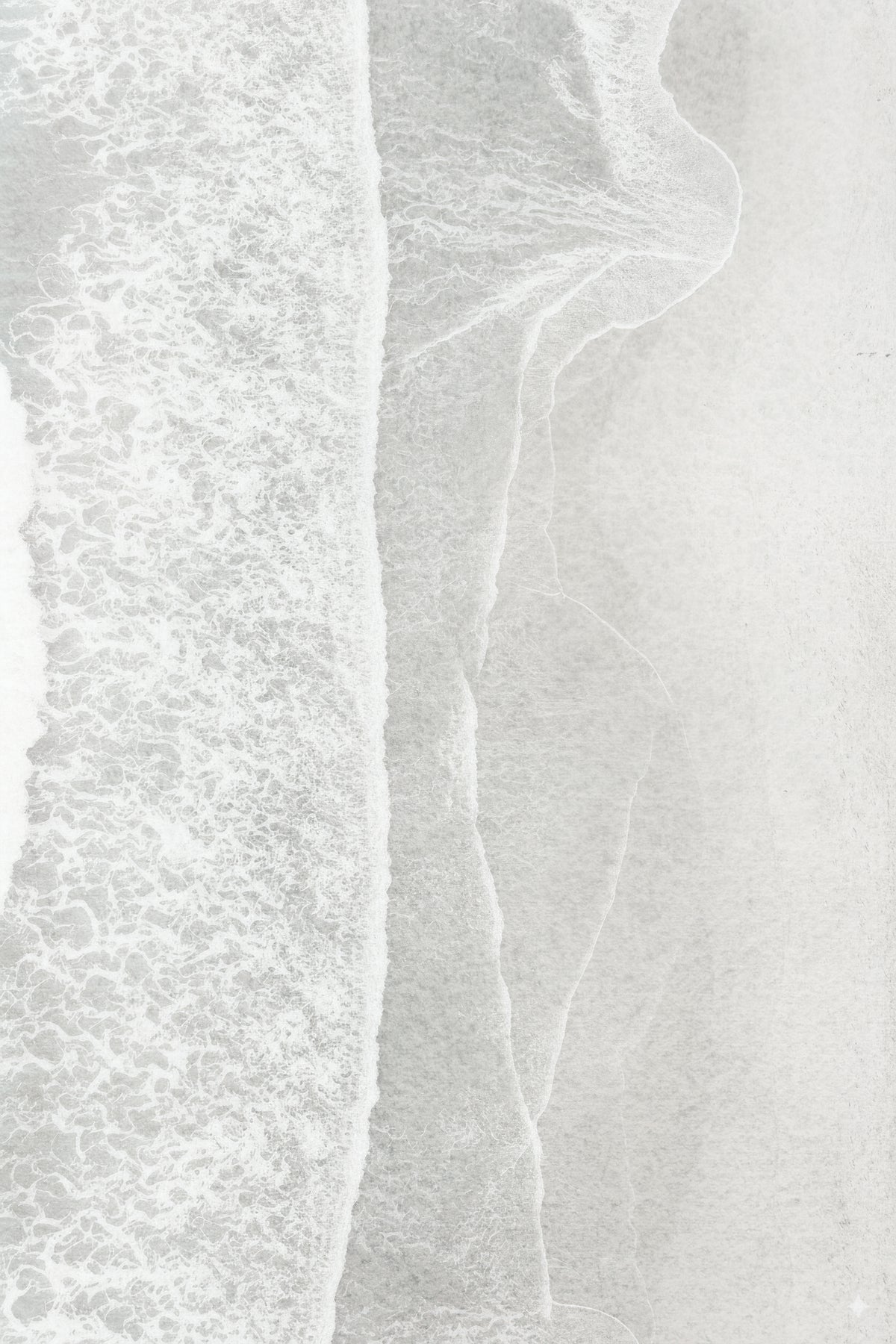 Minimalist coastal art print depicting a high-angle view of white ocean waves washing onto a light gray sandy beach.